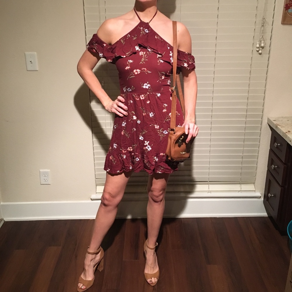 Kendall & Kylie Burgundy floral tie-neck dress